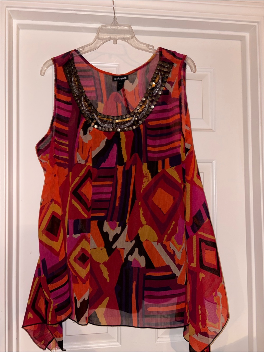 Lane Bryant Pink Orange Geometric Beaded Neckline Sleeveless Top 26-28
